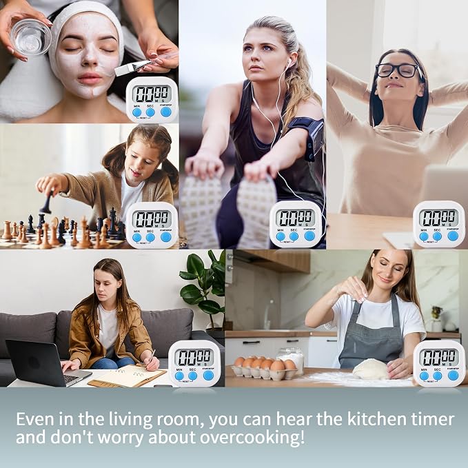 4 Pack White Digital Kitchen Timer Magnetic Digital Timer with Big Display Loud Ring Cooking Timers for Cooking, Game, Gym, Break Time, Classroom (4, White)
