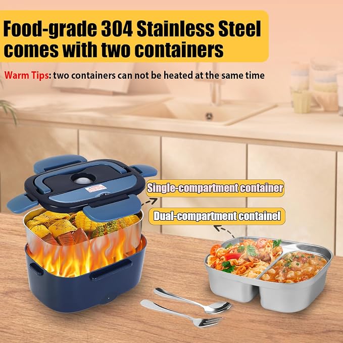 Electric Lunch Box for Adults - 80W Fast Heating, 12V/24V/110V, Dual Stainless Steel Containers, Portable for Car/Truck/Office/Outdoor (blue)