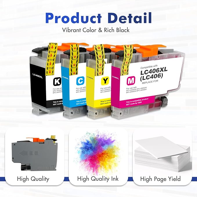 LC406 LC406XL Ink Cartridges for Brother Printer 406XL LC 406 XL for MFC-J4335DW MFC-J5855DW MFC-J6555DW MFC-J4535DW MFC-J6955DW MFC-J4345DW MFC-J5955DW - 4 Pack High Yields Black Cyan Magenta Yellow