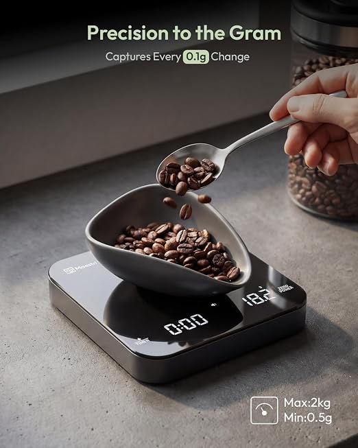 Maestri House S2 Espresso Coffee Scale with Timer, USB-C Rechargeable 2kg/0.1g Precision Shot Scale, Digital Scale for Espresso Brewing(Black & Silver)
