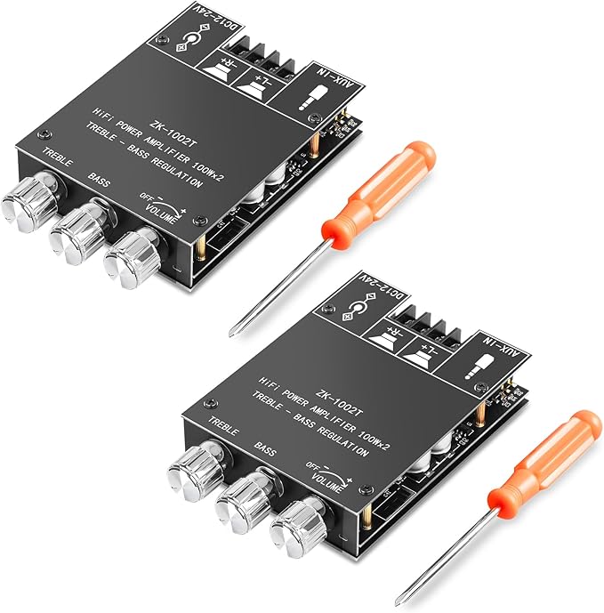 Daakro ZK-1002T Bluetooth Amplifier Board,100W+100W 2.0 Channel Amp Board w/Treble/Bass Control,DC 12-24V, BT/AUX Inputs,Audio Amp Board for Home DIY Wireless Speakers,Password Free (2PCS ZK-1002T)