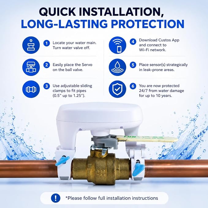 CUSTOS/Firebot DIY Automatic Water Shut Off Valve Control, LoRa Water Leak Detection Device Kit with 3 WiFi Water Leak Sensor, WiFi Water Shutoff Valve with Battery Backup