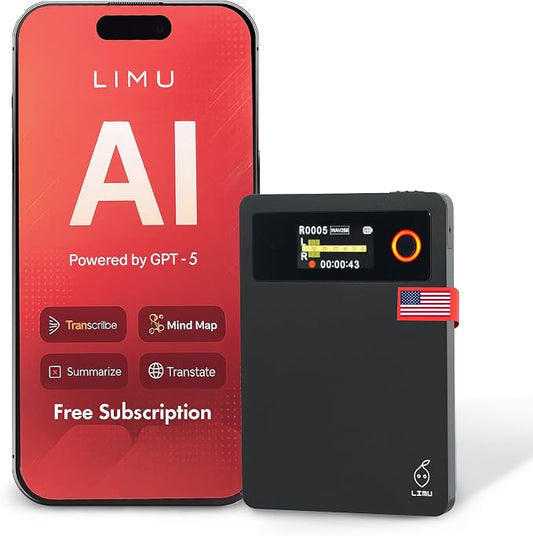 LIMU AI Voice Recorder with App Control - 18h Battery, 64GB Metal AI Note Taking Device - ChatGPT 5 Translation, Summaries & Mind Maps (125 Languages), 400 Min/Month, Audio Recorder with Transcription