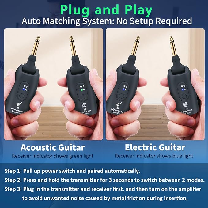 A9 Wireless Guitar System 2.4GHz Wireless Guitar Transmitter and Receiver, Rechargeable,4 Channels, 100FT/30m Range,270° Rotatable Plug,for Electric Guitar Bass (Black(2TX+1RX))