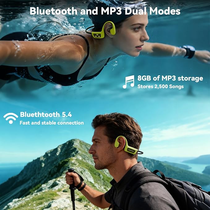 Bone Conduction Swimming Headphones, IPX8 Waterproof Open Ear Headphones with 8GB MP3 Player, Bluetooth 5.4 Wireless Headphones for Swimming, Pool Training & Underwater Sports, Green