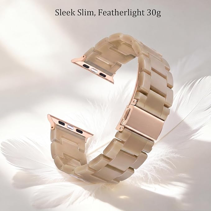 V-MORO Resin Bands Compatible with Apple Watch Series 11/10/9/8/7 Band 45mm/44mm/42mm/46mm Fashion Rose Gold Metal Buckle Lightweight Strap Bracelet for iwatch Series SE/6/5/4/3/2/1 Women,Caramel