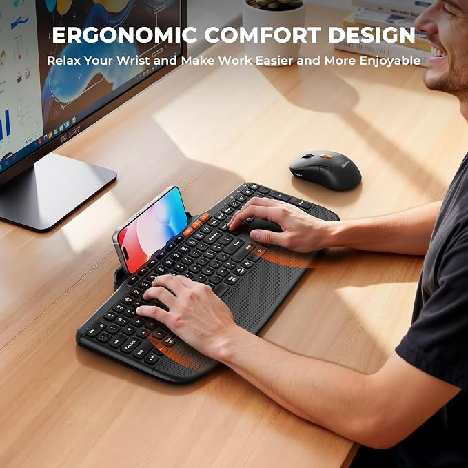 MEETION Wireless Keyboard and Mouse Combo, Ergonomic Keyboard with Wrist Rest,Tablet Stand,Scissor-Switch USB/Bluetooth Rechargeable Keyboards, 4DPI Mouse,Compatible with Windows,Mac,PC,Laptop,Tablet