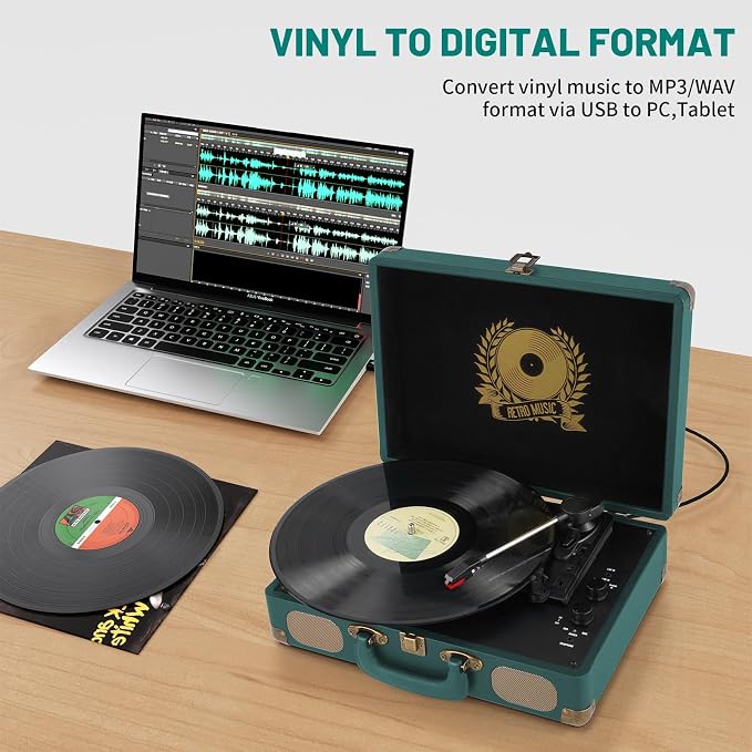 Vinyl Record Player Bluetooth Turntable 3-Speed Suitcase Portable Vintage Belt-Driven Record Player with Built-in Speakers RCA Line Out AUX in Headphone Jack Hunter Green