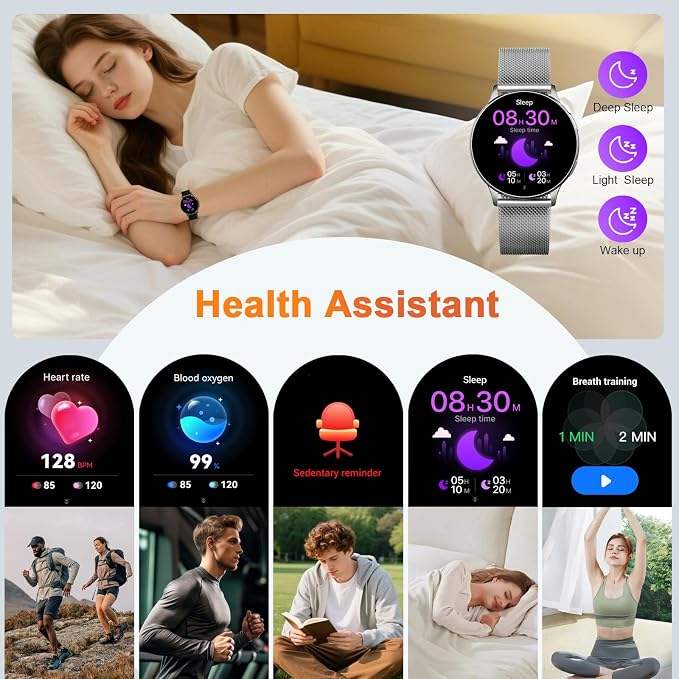 Jugeman Smart Watch for Women, Womens Watch with 24/7 Health Tracking, Bluetooth Calls, Step Heart Rate Sleep Monitor, IP68 Waterproof Wrist Smartwatch for Work Sports, Gift for Women (Silver)