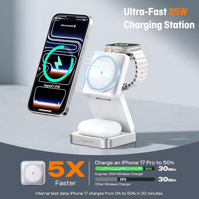 25W 3-in-1 Charging Station for Apple Device, Foldable Magnetic Wireless Charger, Fast Travel Charging Stand Compatible with Magsafe for iPhone17/16/15/14/13/12 Series, Apple Watch/AirPods
