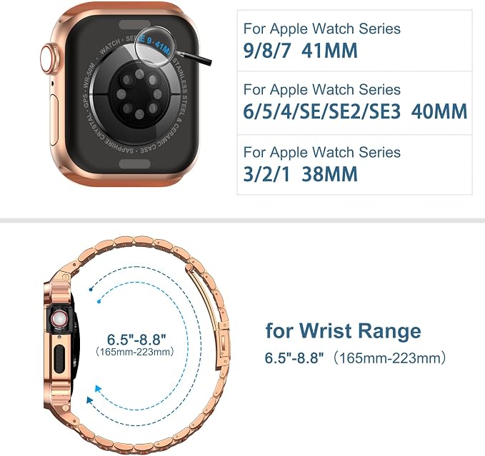 MioHHR Stainless Steel Watch Band with Case Compatible with Apple Watch Series 9/8/7(41mm) Series 6/5/4/SE(40mm)38mm(Series 3/2/1),Rugged Strap with Metal Protective Bumper Cover for iWatch Band