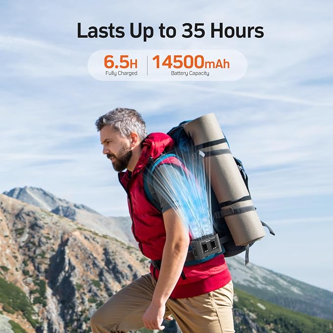 14500mAh Portable Waist Fan Clip On Belt- Rechargeable Battery Operated,Max 40H Cooling,5 Speed 14600RPM,Dual Air Vent, Hands-free Shirt Neck Fan With Light for Outdoor Jobsite Camping Traveling