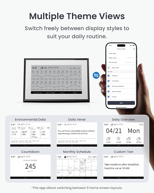 SwitchBot Smart E-Ink Home Dashboard, 7.5" Weather Station, Wireless Indoor & Outdoor Temperature and Humidity Monitor, Electronic Calendar Compatible with Google, iCloud, Outlook(Support 2.4GHz+BLE)