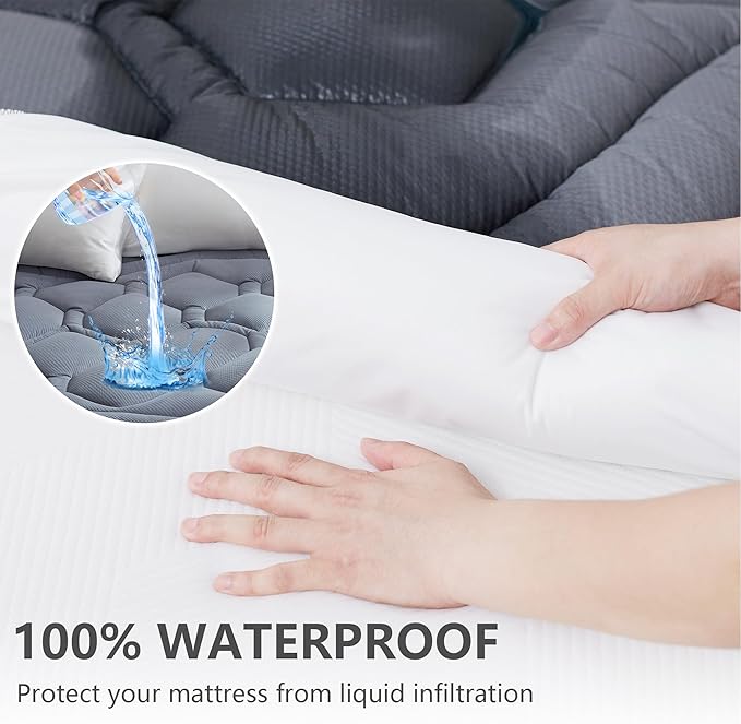 ELVEN HOME Queen Size Mattress Pad Waterproof, Pillow Top Cooling Mattress Topper Cover, Quilted Fitted Mattress Protector Washable, Deep Pocket 8-21" (60x80 inch, Grey)