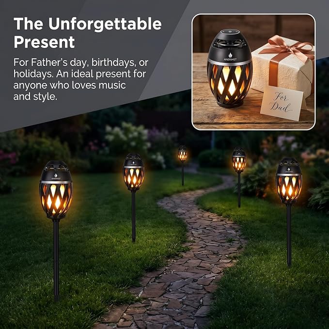 ANERIMST for Dad, Outdoor Bluetooth Speakers with LED Torch Light – Wireless & Waterproof Speaker for Garden, Patio, 360° Sound, 24-Hour Playtime for Men, 2 Pack (Black)