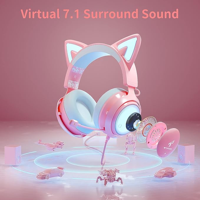 EASARS Pink Gaming Headset GS510, Wired, Over Ear, Cat Ear Design with RGB Lighting, 7.1 Surround Sound, Retractable Mic, Compatible with PC, PS4, PS5