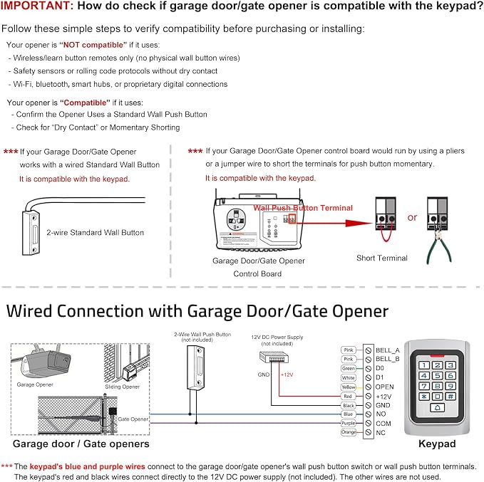Universal Wired Access Control Keypad, 12V DC Metal Door Keypad, PIN Code & ID Card Key pad, IP68 Waterproof, 2000 Users, for Garage Door, Gate Opener, Magnetic Lock and Access Control Systems