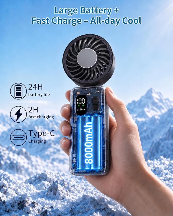 Portable Handheld Fan with Ice Cooling, 100 Speed Rechargeable Mini Desk Fan, Up to 12Hrs Cooling, Powerful Folding Personal Fan for Travel, Camping, Office (Black)