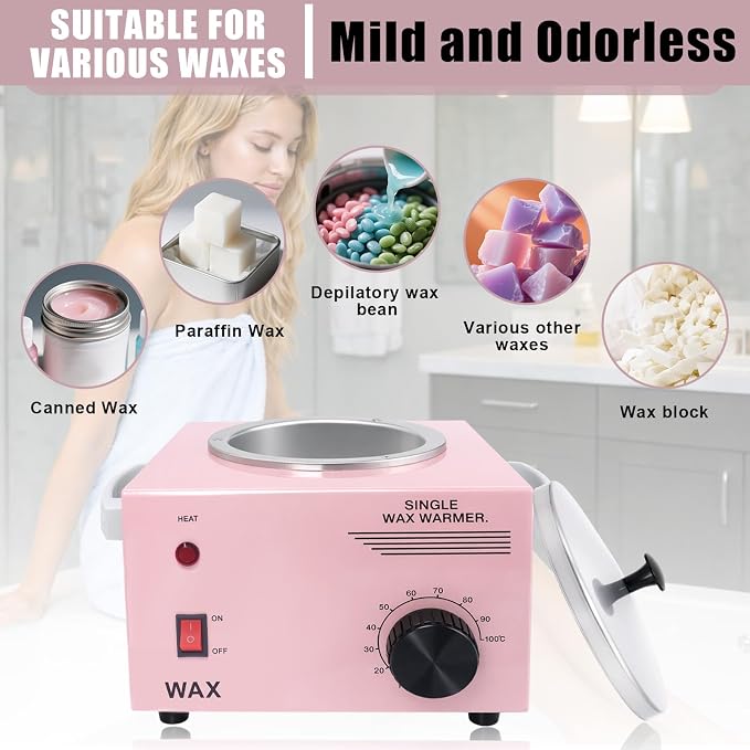 Electric Wax Warmer Machine for Body Hair Removal Hot SPA Aluminum Heater with Wooden Wax Sticks-Single Pot (Pink)