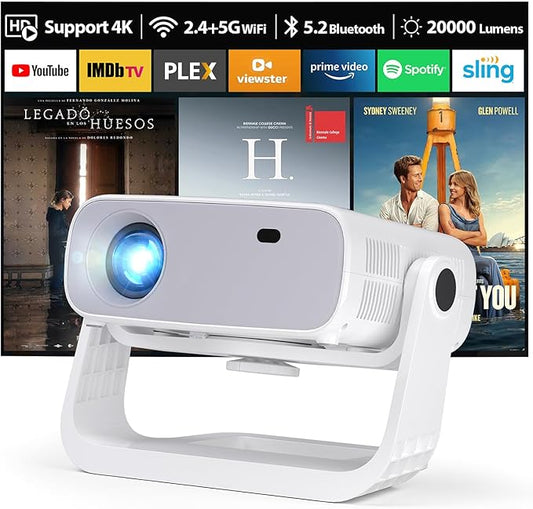 2025 New Smart Projector with WiFi 6 and Bluetooth Built-in Apps - Portable Bedroom Mini Projector Native 1080P 4K Support, Auto Keystone & Zoom Home Theater Cinema Movie Proyector, 120° Stand, Grey