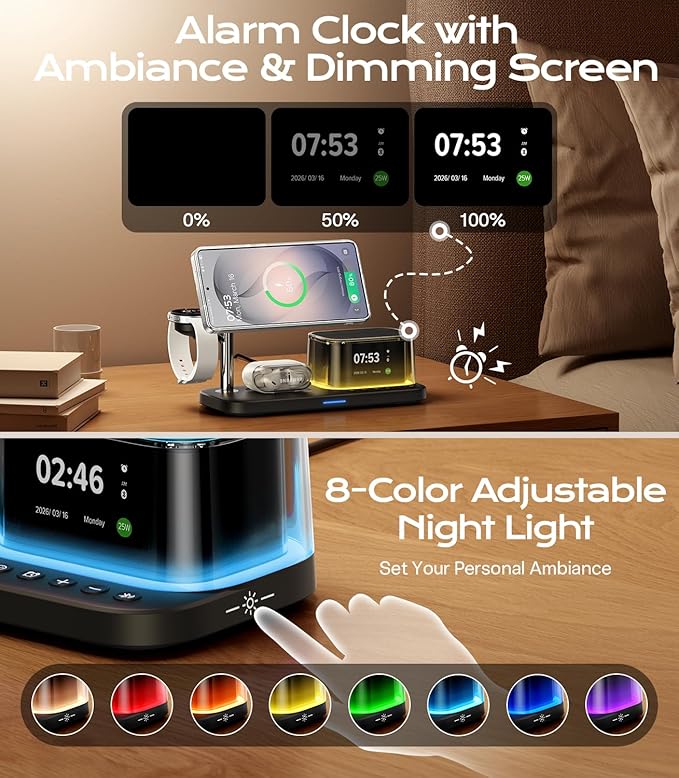Meifigno 25W 5 in 1 Charging Station for Galaxy S26 Ultra with Bluetooth Speaker/Alarm Clock/Night Light, Qi2.2 Fast Magnetic Wireless Charger with 45W Adapter for S26/Z Fold7, for Galaxy Watch 8/Buds