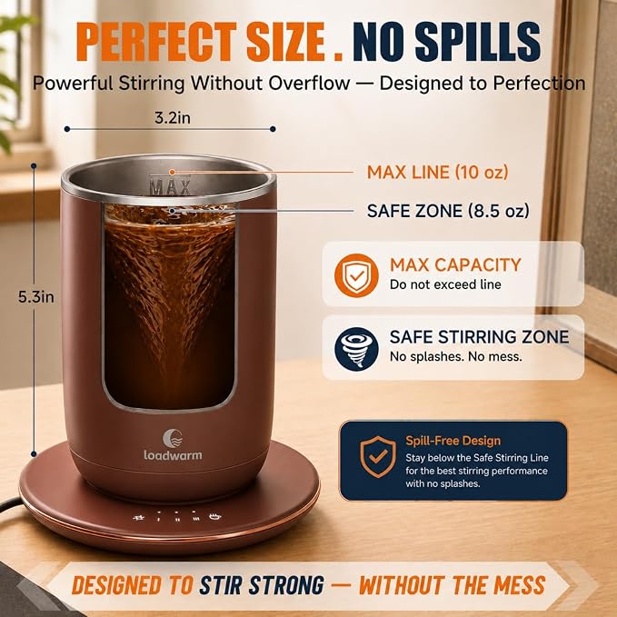 Self Heated Stirring Coffee Mug, 10oz Auto Mixing Cup with Warmer, Brown | 3 temp settings, food-grade stainless steel interior, 8-hour auto shut-off, plug-in desk mug with Warmer for office home