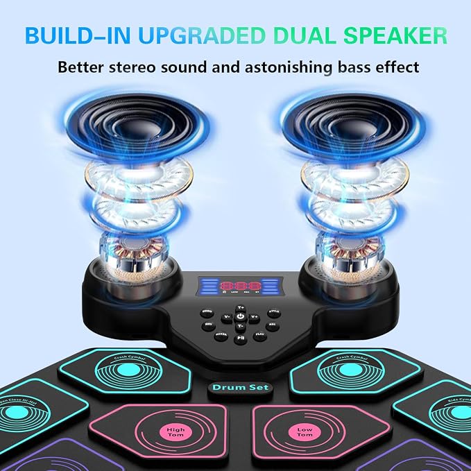 Electronic Drum Set - YUOIOYU Electric Drum Set Roll Up Portable Drum Kit MIDI Practice Drum Pad with Dual Built-in Speaker, Drum Sticks and Pedals, Christmas Birthday Gift for Kids Adult