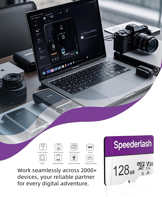 Micro SDXC Memory Card 128GB-Speederlash Camera Plus TF Card with Adapter, U3, V30, Up to 95MB/s Read Speed, 4K UHD&5K Video Support, A1 Rated, Waterproof, for Security Camera, Dashcam,Drone