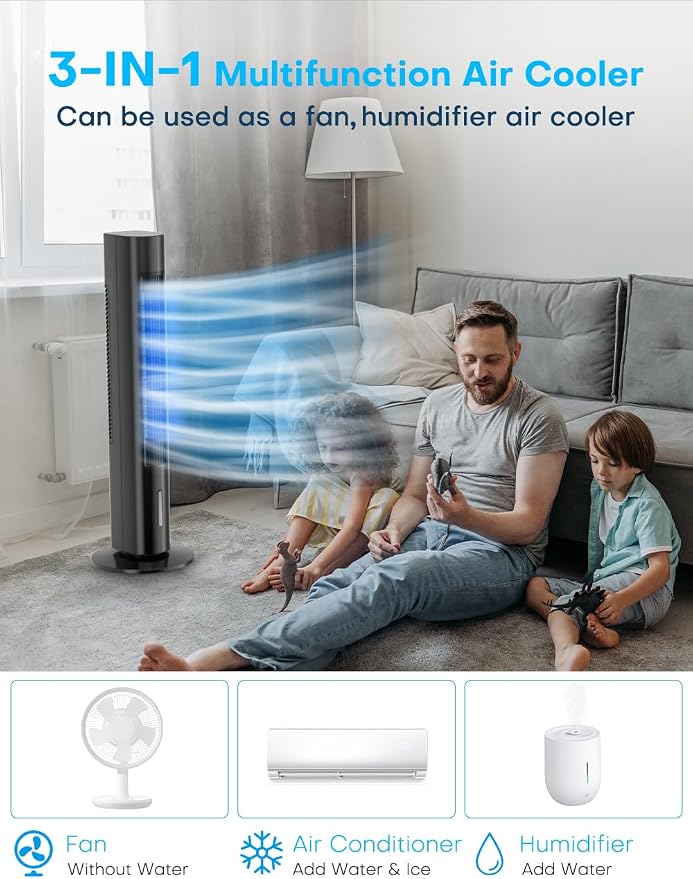 Windowless Portable Air Conditioners, 35" Swamp Cooler w/4 Ice Packs, 3 Speeds, 25ft Remote & 7H Timer, 90°Oscillating Evaporative Cooler, Ventless Air Conditioner AC Unit for Bedroom Black