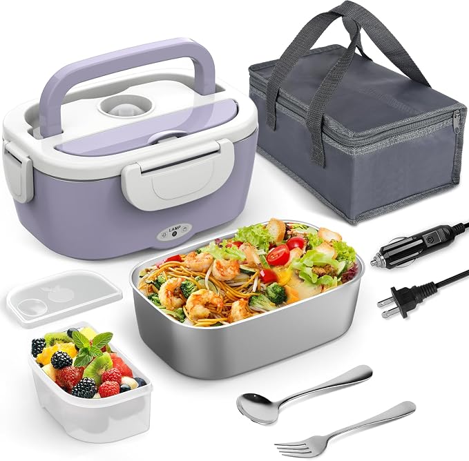 WisaKey Purple Electric Lunch Box Food Heater 80W Heated Lunch Box for Women, 12V 24V 110V 220V Portable Food Warmer Lunchbox hot lunch box for Car Truck Work with 304 SS Container Christmas Gift