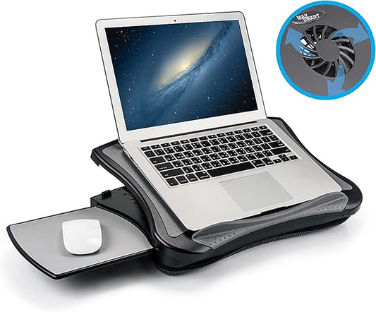MAX SMART Laptop Lap Pad Laptop Stand with Attached Mouse Pad, Cushion and USB Cooling Fan, Non-Slip Heat Shield Tablet Computer Stand for Sturdy Work Station for Home, Office, Bed Sofa, Couch and Car