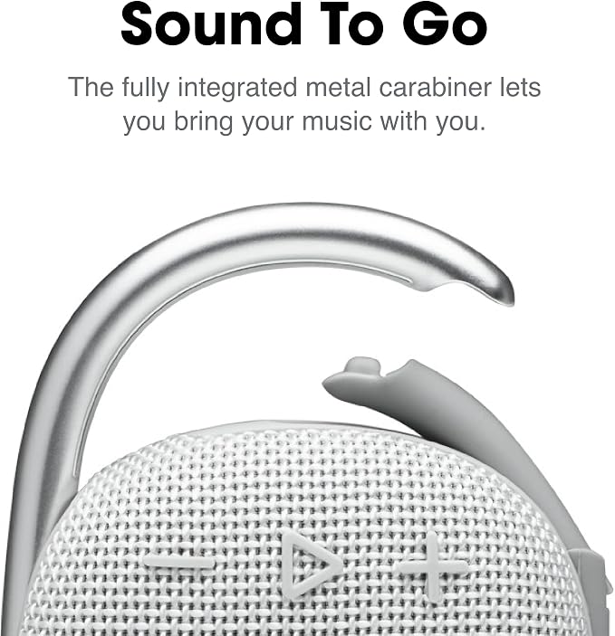 JBL Clip 4 - Portable Mini Bluetooth Speaker, big audio and punchy bass, integrated carabiner, IP67 waterproof and dustproof, 10 hours of playtime, speaker for home, outdoor and travel (White)