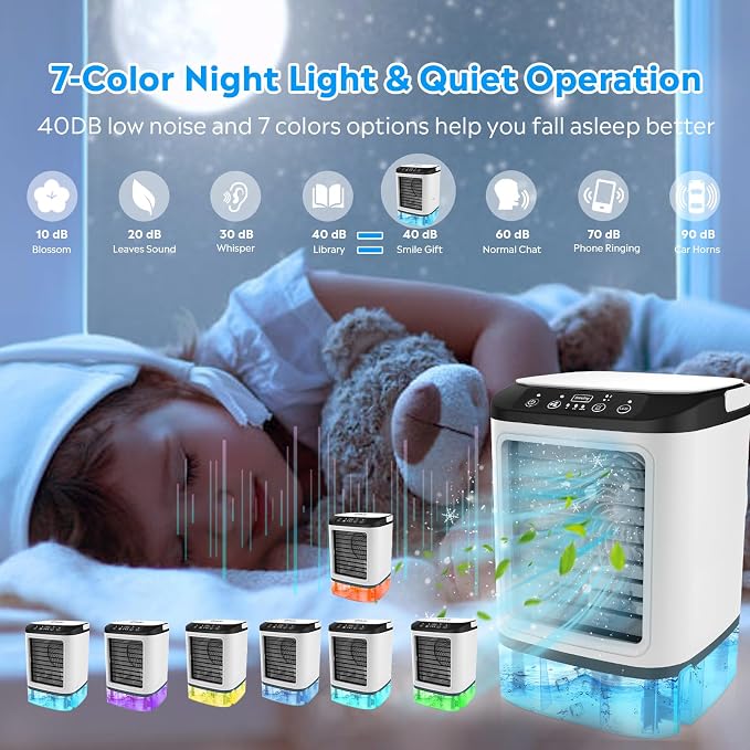 Portable Air Conditioners, Evaporative Air Cooler with 2 Mist & 3 Speed/Boost Mode, 7 Color Light, 900ml Large Tank & Icebox, Personal Air Conditioner AC Cold Fan for Bedroom Office Desk Car