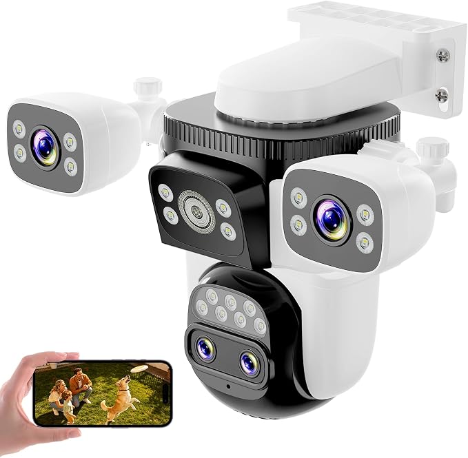 VSTARCAM 4-Lens Security Cameras Wireless Outdoor, 4-in-1 Multi-View 2K 360° PTZ Plug-in WiFi Camera, 10X Hybrid Zoom, AI Motion Tracking, Color Night Vision, IP66, 64GB Card Included