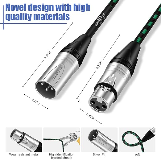 XLR Pro Mic Cable 25 ft 7.5 Meter Male to Female XLR Cables 3-pin Green Balanced Shielded Microphone Cord for Amplifier Mixer,Speaker Systems,Recording Studio