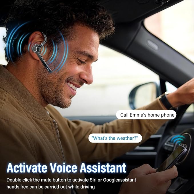 Bluetooth Headset with APTX HD Audio, Wireless Hands-Free Earpiece with CVC 8.0/ENC Dual Mic, Mute Button & Dual Device Connection, 90H Playtime Single-Ear Headphone for Trucker, Business, Black