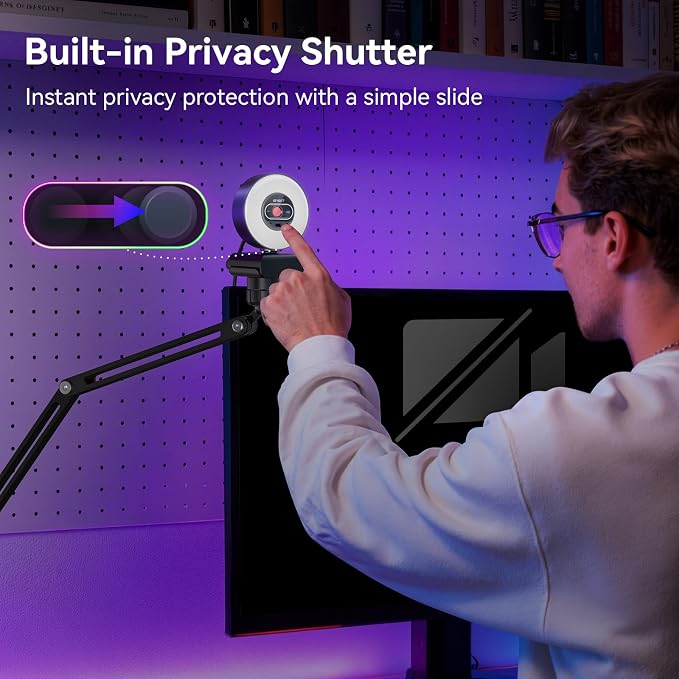 EMEET S600L 4K Webcam with Adjustable Desktop Overhead Stand, 4 Lighting Modes, Rainbow Effect, 1/2" Sensor, 0.2S PDAF, 2 Mics, Dial Control, 4K Webcam with Tripod for OBS/Twitch/YouTube/Zoom/PC/Mac
