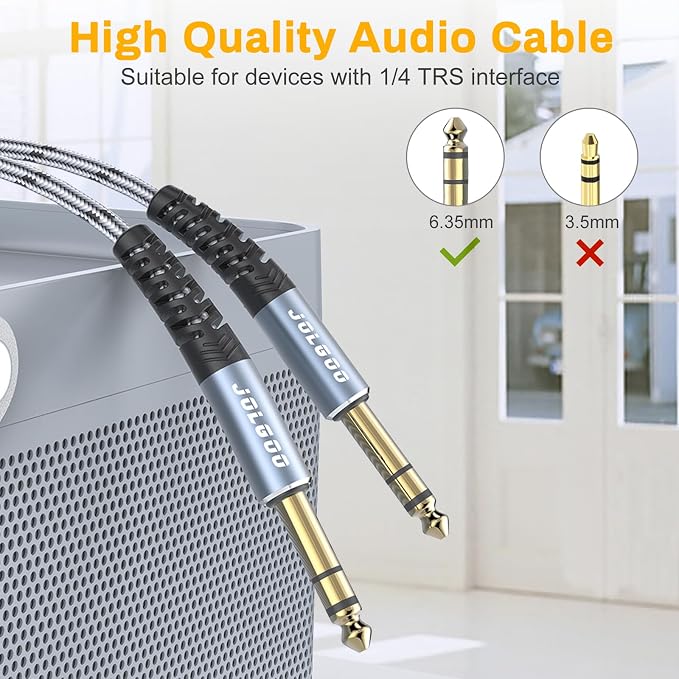 JOLGOO 1/4 Inch TRS Instrument Cable 20 FT 2-Pack, Quarter inch Audio Cable, 6.35 Balanced Interconnect Line for Electric Guitar, Bass, Keyboard, Mixer, Amplifier, Speaker, Electric Mandolin