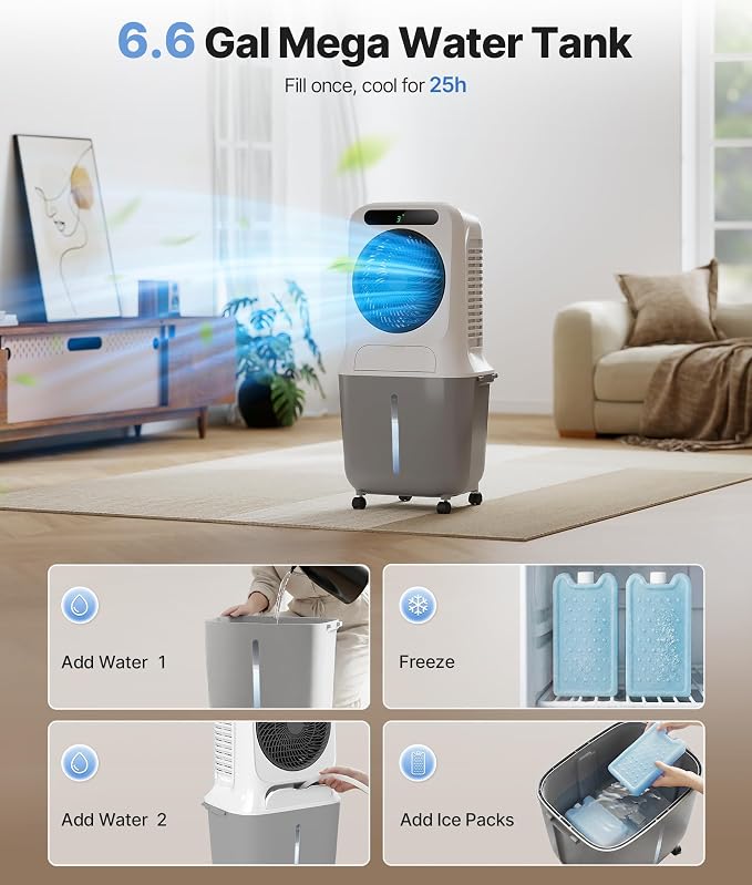 Portable Evaporative Swamp Cooler - Portable Air Conditioner with 3 Modes & 3 Speeds, 6.6 Gallon Cold Air Cooler, Cooling Fans that Blow Cold Air for Home, Office, 2 Ice Packs