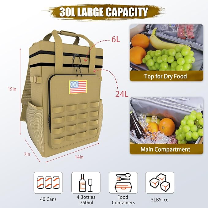 Tactical Backpack Cooler, AYAMAYA Leakproof 40 Cans Soft Cooler Backpack with Handle, Waterproof Insulated Tactical Lunch Box Bag for Work, Beach, Travel, Camping, Picnic, Hiking