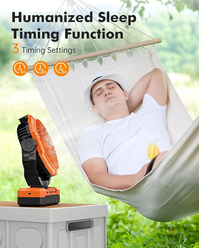 3-in-1 Camping Fan - 36000mAh Detachable Portable Fan Rechargeable with Light & Hook, Battery Powered Fans for Outdoor, Indoor, Tent, Fishing, Travel, Hurricane, Summer Gifts for Men - Orange
