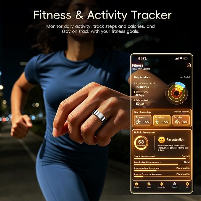 RQZ Smart Ring Fitness Tracker for Men Women, Sleep & Heart Rate Monitor, Step Counter with Vibration Alert, 5 ATM Waterproof, Compatible with iOS & Android Silver Size 7