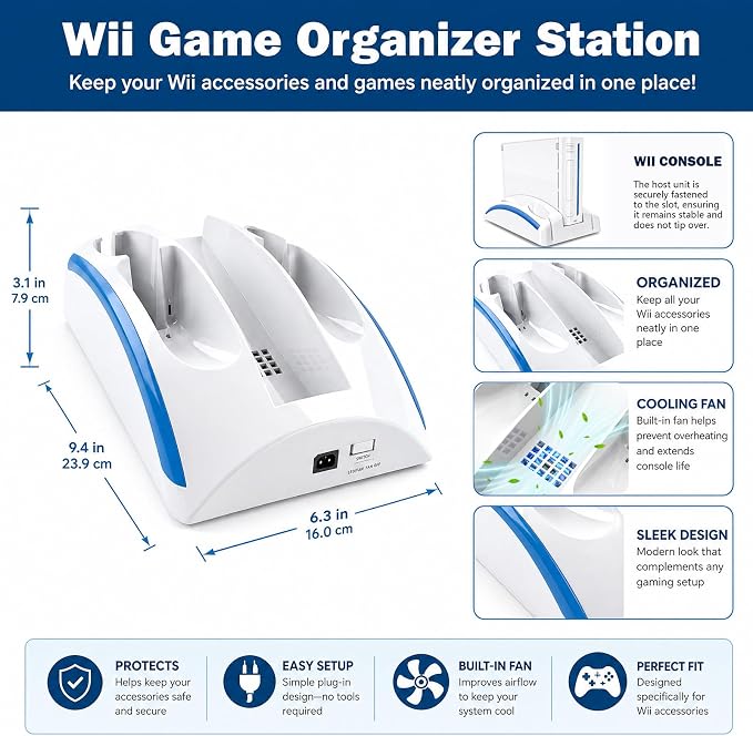 Wii Console Game Organizer Station,Wii Remote Charger Stand Base, 2 Pcs Rechargeable Battery Compatible with Nintendo Console Nunchuk Kit (White)