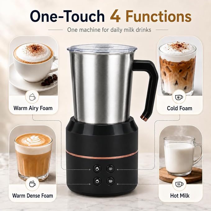 Electric Milk Frother 8.5oz, 4-in-1 Automatic Milk Steamer for Coffee, Latte, Cappuccino, Detachable Stainless Steel Cup, Dishwasher Safe, Magnetic Whisk, Precise Spout for Latte Art, (Black)