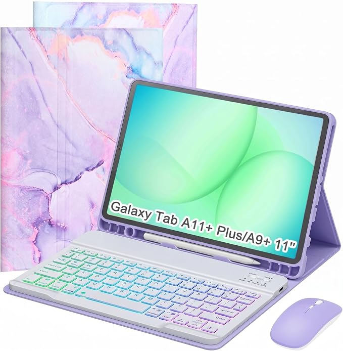 Keyboard Case for Samsung Galaxy Tab A11 Plus 11 Inch 2025/ A9+ Plus 2023 Tablet, Detachable Rainbow Backlit Wireless Keyboard and Mouse, Slim Stand Cover with S Pen Holder (Purple Marble)