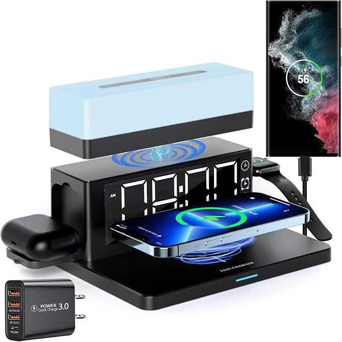 Wireless Charger,6 in 1 Wireless Charging Station with Digital Alarm Clock & Night Light,15W Fast Charger Compatible with iPhone 14/13/12/11/XS Samsung Galaxy AirPods & Apple Watch (Black)