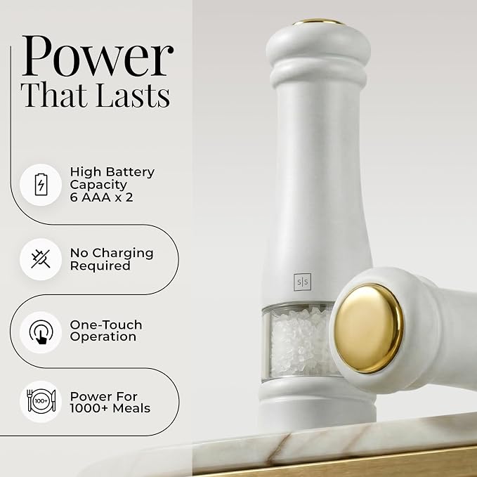 Electric Salt and Pepper Grinder Set - Styled Settings White Electric Salt and Pepper Shakers, Automatic Stainless Steel Set with LED Light, Battery Operated, Adjustable Coarseness, Wood Base
