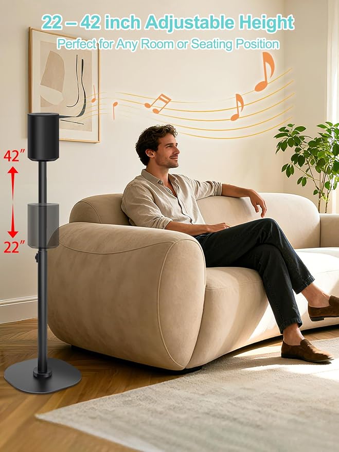Haturi Single Speaker Stand for Sonos ERA 100 SL, ERA 100 & ERA 300, Adjustable 22”–42” Floor Stand with Cable Management, Heavy Duty Metal Construction, Non-Slip Base for Living Room Office, Black