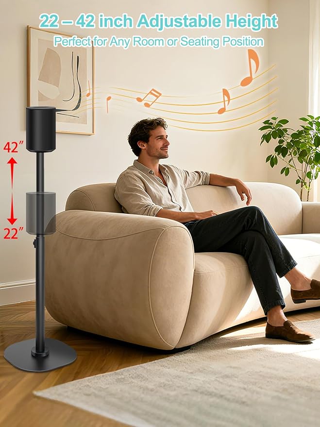 Haturi Speaker Stands Pair for Sonos Era 100, Era 100 SL & Era 300, Adjustable 22"–42" Floor Stands with Cable Management Heavy Duty Metal Construction Non-Slip Base for Living Room Bedroom Office