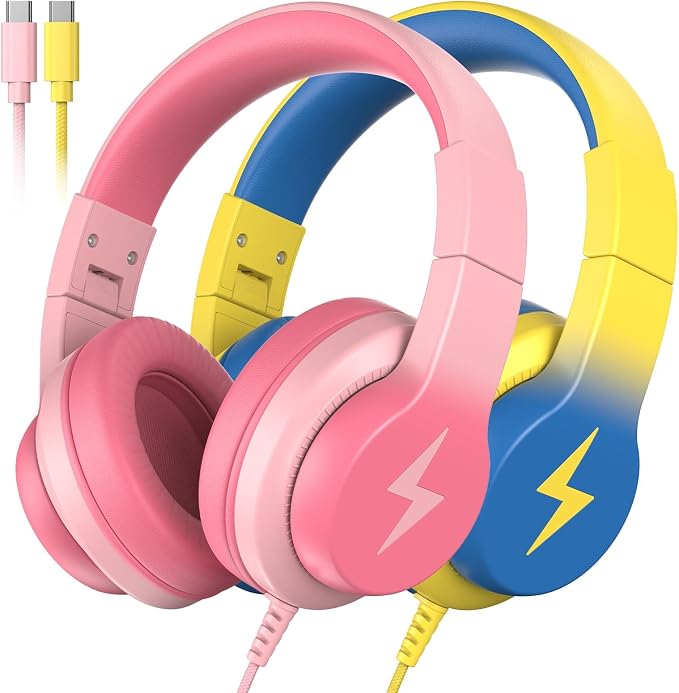Wired Kids Headphones for School 2 Pack,USB Type C Headphones for Kids, 85dB Safe Volume, HD Stereo Sound,Comfortable Fit, Adjustable &Foldable, Ideal for School/ Travel(Gradient Pink+Light Yellow)
